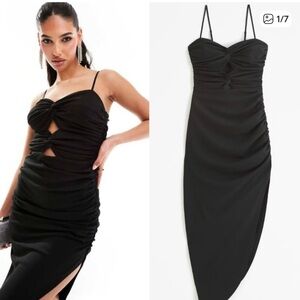 NWT ✨ABERCROMBIE & FITCH Ruched Front Cutout
Asymmetrical Midi Dress Going Out